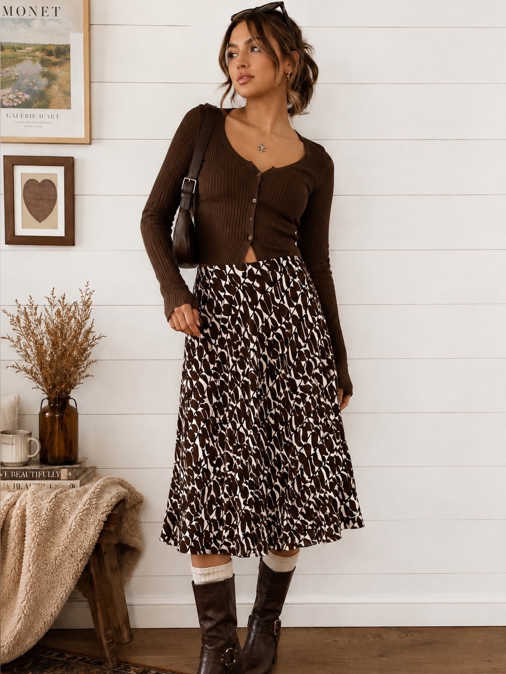Vintage Jessica Abstract Print Midi Skirt Brown Cream Size 12 Y2K